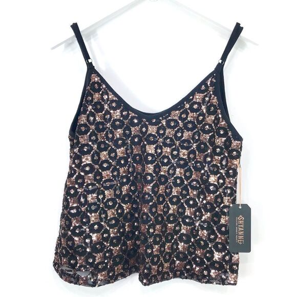 Shyanne Black Golden Bronze Sequin Diamond Pattern Sparkle Tank Top NEW - Picture 5 of 16